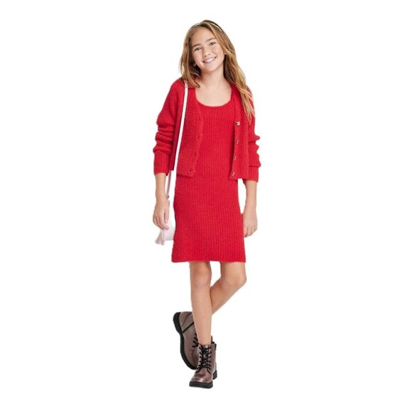 Art Class Girls' Red Fuzzy Knee Length Sweater Dress & Cardigan Set - Picture 1 of 5